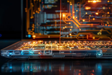 A laptop is opened up and the inside is shown. The laptop is white and has a keyboard. The keyboard is black and has a few keys missingの素材