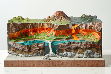 A model of a mountain range with a river running through it. The mountain range is made of different colored clay, and the river is made of blue clayの素材
