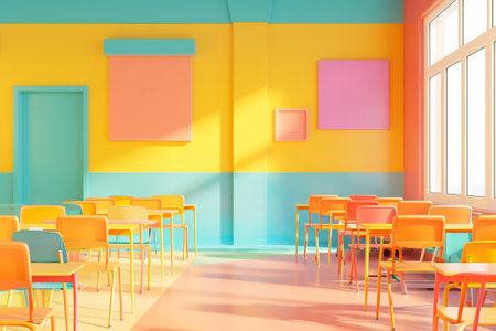 A brightly colored school room with many orange chairs and tables. The walls are painted in bright colors and there are many pictures on the walls. The room is emptyの素材