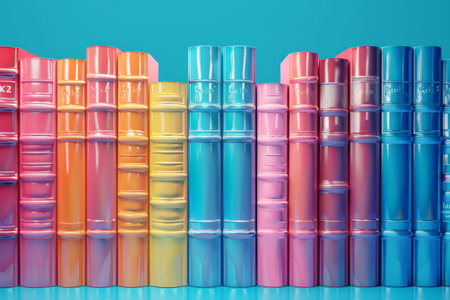 A colorful bookcase with a archway and a pink and blue shelf. The books are arranged in a rainbow of colorsの素材