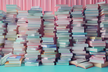 A stack of books with a variety of colors and sizes. The books are piled on top of each other, creating a visually interesting and colorful sceneの素材
