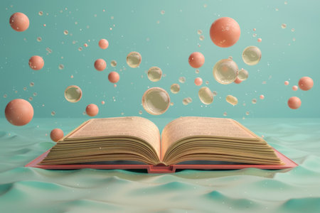 A book is open to a page with a lot of bubbles. The bubbles are scattered all over the page, and the book appears to be floating in the air. The scene gives off a whimsical and playful vibeの素材