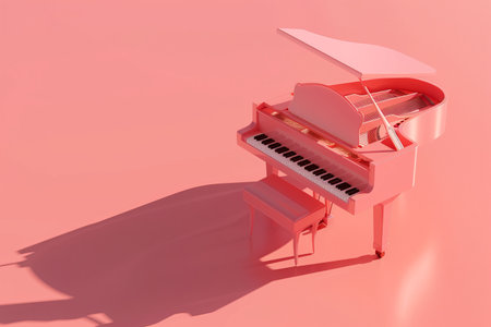A pink grand piano is the main focus of the image. The piano is placed on a pink background, which creates a warm and inviting atmosphere. The pink color of the pianoの素材