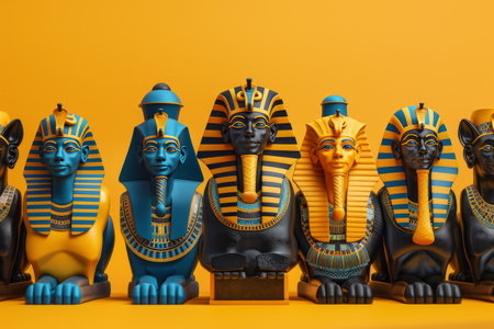 A row of statues of Egyptian pharaohs are lined up on a background. The statues are all different sizes and colors, but they all have the same design and poseの素材