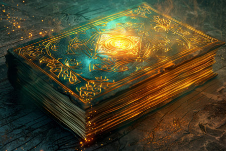A magic book with a glowing orb in the middle. The book is old and has gold letteringの素材