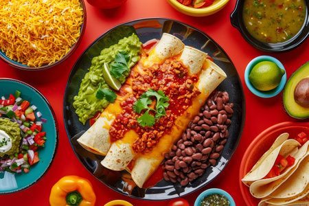 A plate of food with a variety of dishes including burritos, rice, beans, and a side of limeの素材