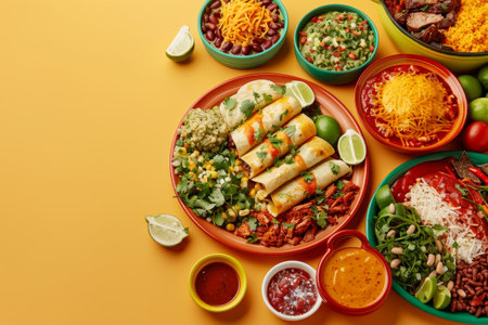 A plate of food with a variety of dishes including burritos, rice, beans, and a side of limeの素材