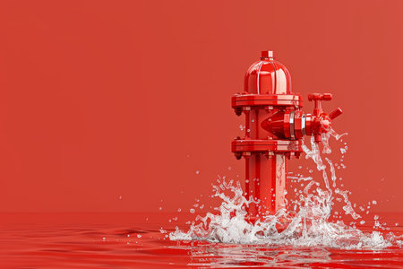 A red fire hydrant is in the water with water coming out of itの素材