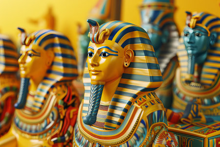 A row of statues of Egyptian pharaohs are lined up on a background. The statues are all different sizes and colors, but they all have the same design and poseの素材