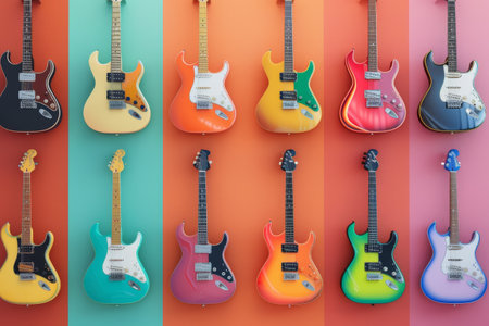 A row of guitars are lined up against a wall, with some being green, red, and yellowの素材