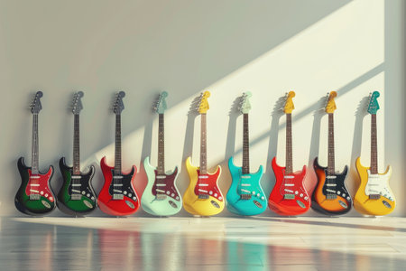 A row of guitars are lined up against a wall, with some being green, red, and yellowの素材