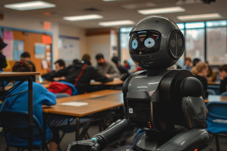 A robot is standing in front of a group of people in a classroom. The robot is wearing a helmet and has a black and silver bodyの素材