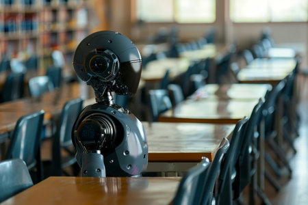 A robot is standing in front of a group of people in a classroom. The robot is wearing a helmet and has a black and silver bodyの素材