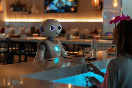 A robot is sitting at a bar next to a woman. The robot is smiling and he is friendly. The woman is sitting at a table with a bowl of food in front of her. The scene is set in a restaurant or barの素材