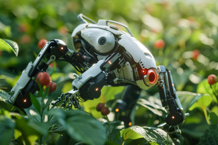 A robot is standing in a field of green plants. The robot is wearing a white and black outfit and he is examining a leaf. The scene is peaceful and sereneの素材