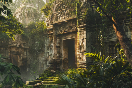 A lush green jungle with a crumbling stone building in the background. Scene is one of mystery and adventure, as the viewer is drawn into the jungle and the ruinsの素材