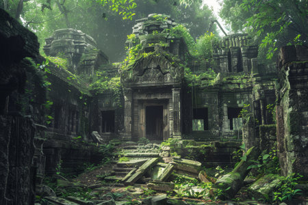 A lush green jungle with a crumbling stone building in the background. Scene is one of mystery and adventure, as the viewer is drawn into the jungle and the ruinsの素材