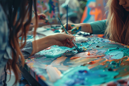 A person is painting a picture with a brush. The painting is a mix of blue and yellow colorsの素材