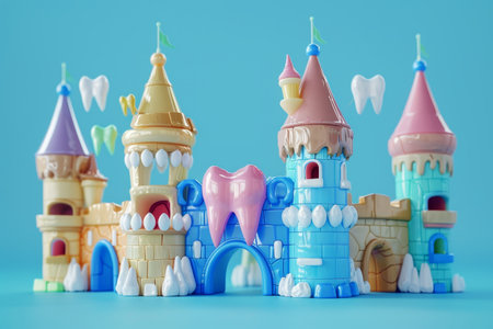 A castle with a white tooth on top of it. The castle is pink and blueの素材