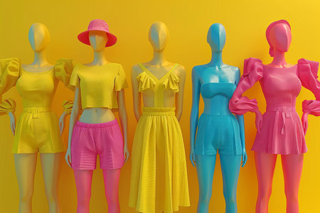 A group of mannequins dressed in bright colors, including yellow, pink, and blueの素材