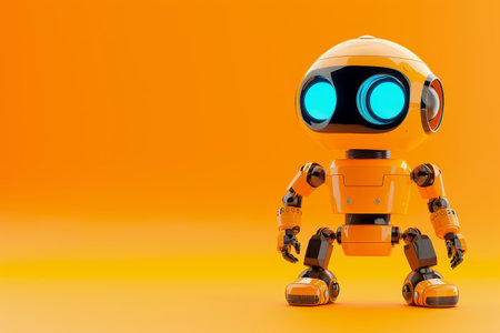 A robot is standing on a background. The robot is white and has blue eyesの素材