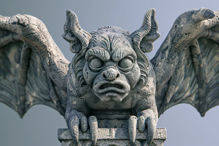 statues of a gargoyle with its mouth open and its tongue hanging out. The statues are sitting on a pedestal and are facing each otherの素材