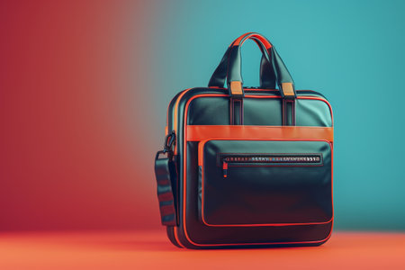 A black and orange briefcase with a red strap. The briefcase is sitting on a table with a blue backgroundの素材