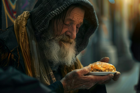 A man is giving food to another man. The man giving the food is wearing a brown jacket and has a beardの素材