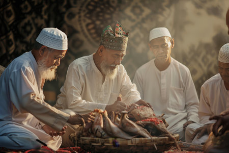 A group of men are sitting around a table with a fish in the middle. They are all wearing white clothingの素材