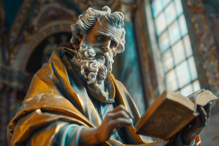 A statue of a bearded man reading a book. The statue is sitting in front of a window with a plant behind itの素材