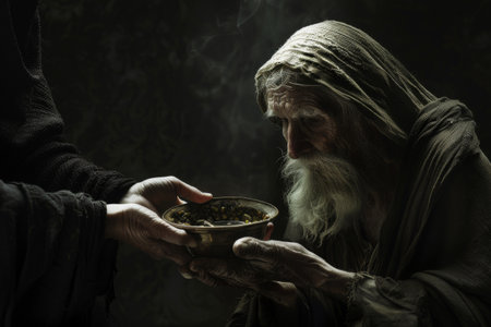 A man is giving food to another man. The man giving the food is wearing a brown jacket and has a beardの素材