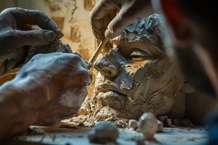 A clay sculpture of a woman's face is sitting on a table. The sculpture is very detailed and has a lot of texture, giving it a realistic appearance. Scene is somewhat eerie and unsettlingの素材
