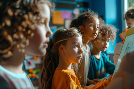 A group of children are sitting in a classroom and looking at a computer screen. Scene is one of curiosity and learning, as the children are focused on the screenの素材