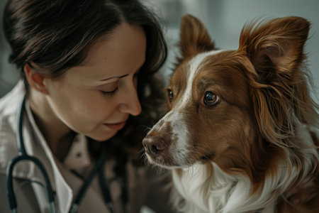 A woman in a white lab coat is examining a dog on a table. The dog is sitting on the table and he is in a calm state. The scene suggests a professional and caring environmentの素材