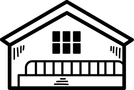 A house with a white roof and black trim. The house has a porch with a railing. The house is a simple design with a lot of windowsのイラスト素材