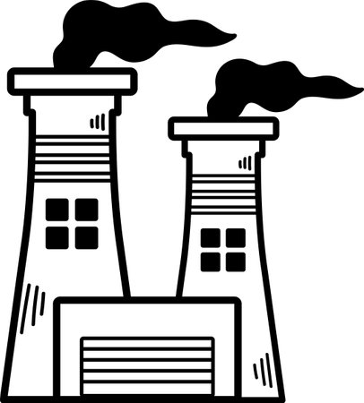 A large factory with smoke coming out of the top. The building is black and whiteのイラスト素材