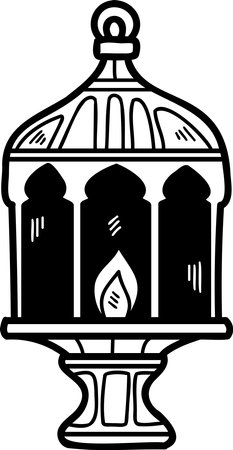 A black and white drawing of a lantern with a flame inside. The lantern is sitting on a pedestalのイラスト素材