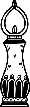A black and white drawing of a lantern with a flame inside. The lantern is sitting on a pedestalのイラスト素材