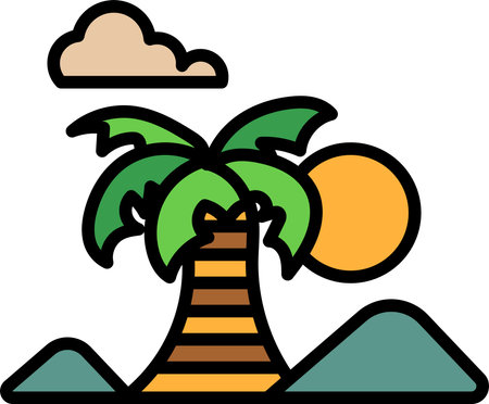 A palm tree is shown in the foreground. The tree is surrounded by a mountain range and the sky is cloudy. Scene is serene and peaceful, with the palm tree standing tallのイラスト素材