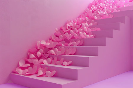 A heart is placed on a colorful staircase, creating a romantic and playful atmosphere. The heart is positioned at the bottom of the stairs, with the steps leading up to itの素材