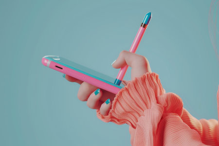A person holding a pink phone with a green pen in their handの素材