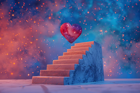 A heart is floating on top of a set of stairs. The stairs are made of concrete and are covered in snow. The scene is set in a dark, starry skyの素材
