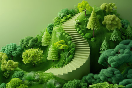 A lush green jungle with a winding path leading up to a tree. The path is made of stone and surrounded by greenery. The scene is peaceful and sereneの素材