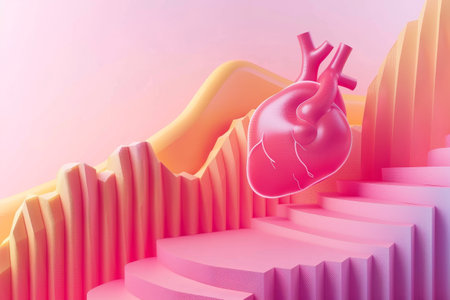 A heart is floating in the air above a colorful background. The heart is surrounded by a pink and yellow gradient, giving the image a playful and whimsical feelの素材