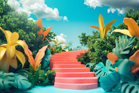 A lush green jungle with a winding path leading up to a tree. The path is made of stone and surrounded by greenery. The scene is peaceful and sereneの素材