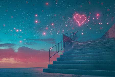 A staircase with a heart on it. The stairs are blue and the heart is red. The image has a romantic and dreamy moodの素材