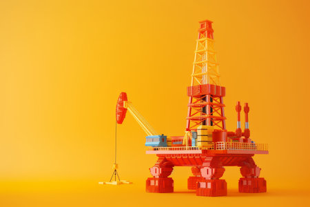 A colorful city with a large oil rig in the foreground. The oil rig is surrounded by buildings and a boat is in the waterの素材