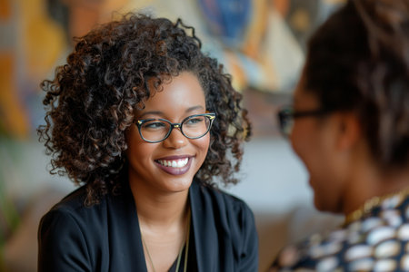 Two women are talking to each other, one of them is wearing glasses. The woman with glasses is smiling and looking at the other womanの素材