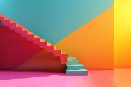 A staircase with colorful steps. The stairs are painted in a gradient of colors, with the pink steps being the most prominent. The image has a playful and whimsical moodの素材