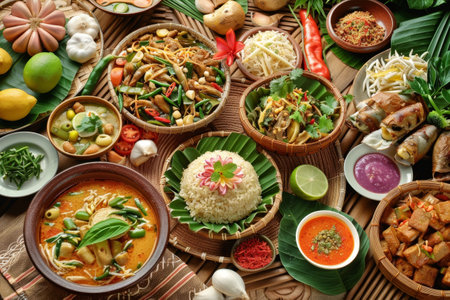 A bowl of food with a lot of red peppers and green herbs. The bowl is on a wooden table with other bowls and ingredientsの素材